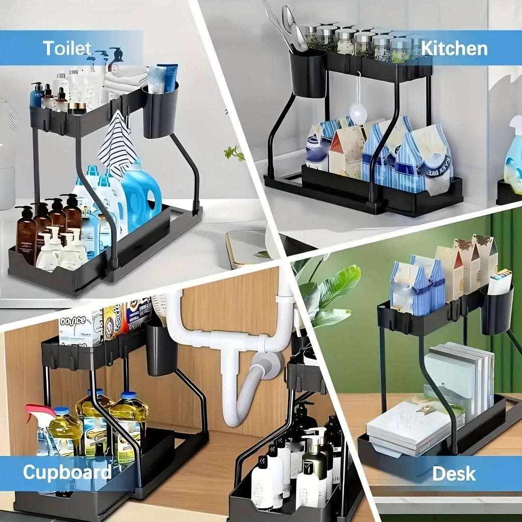 2-Piece Under Sink Organizer with Sliding Shelves – Kitchen & Bathroom Storage Rack