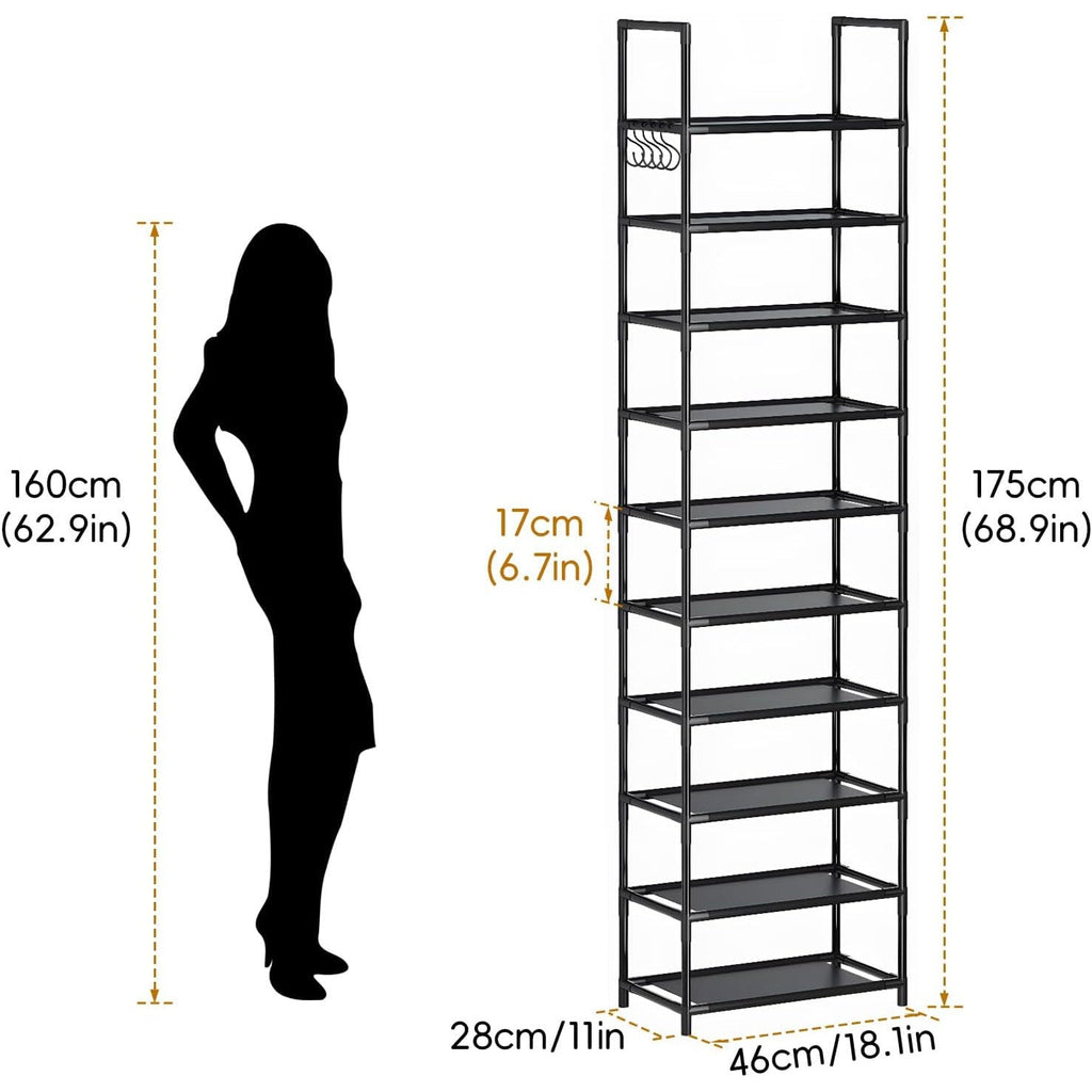Modern Black Metal Shoe Rack with Hook – 46×28×175cm