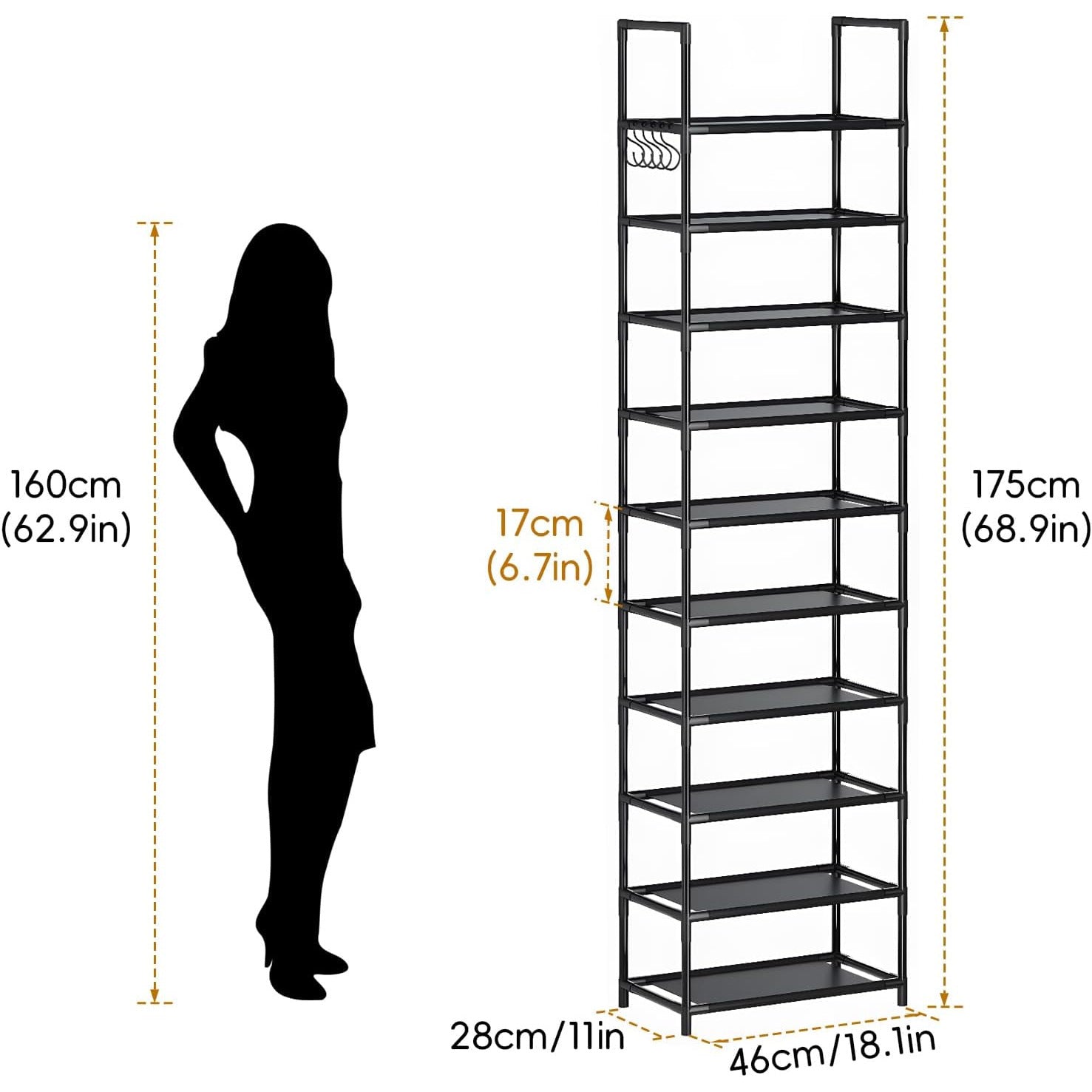 Modern Black Metal Shoe Rack with Hook – 46×28×175cm