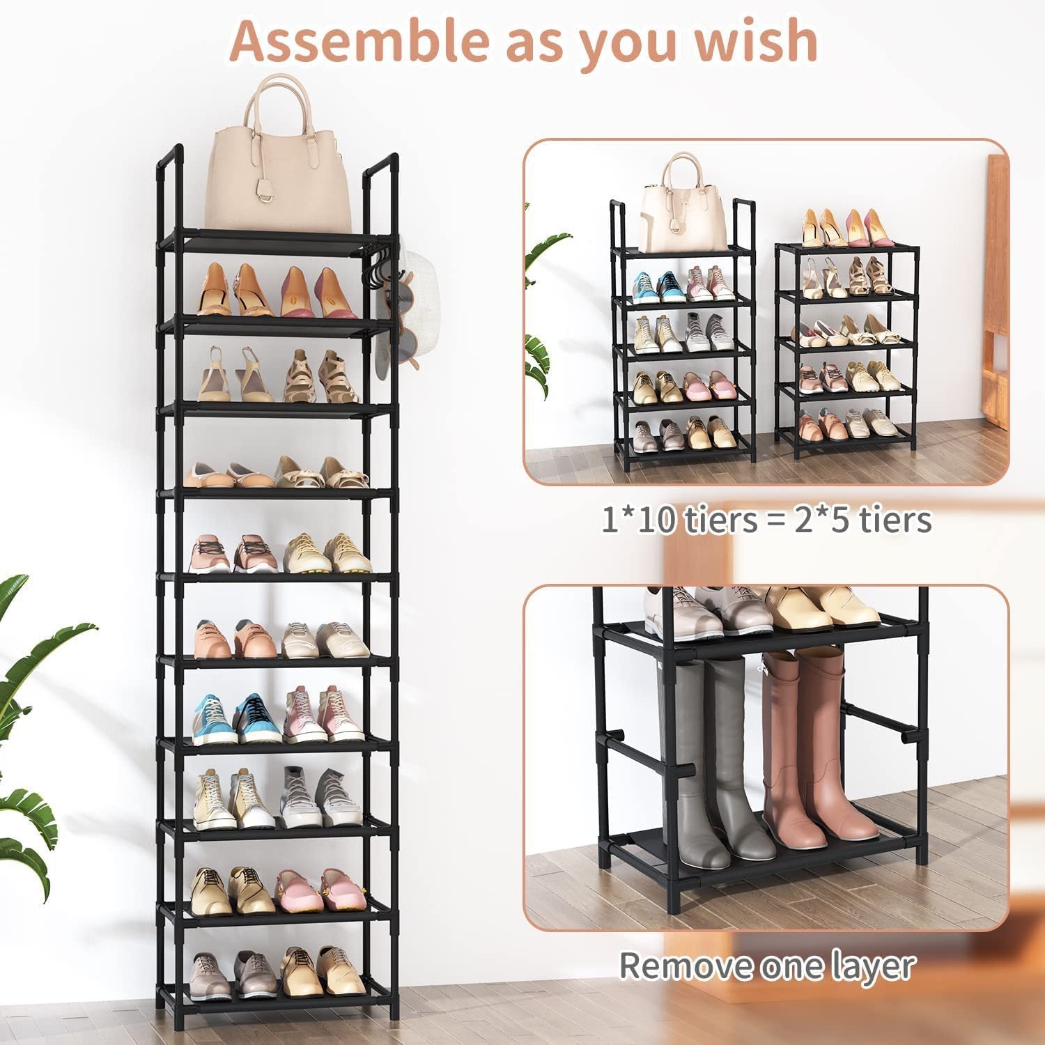 Modern Black Metal Shoe Rack with Hook – 46×28×175cm