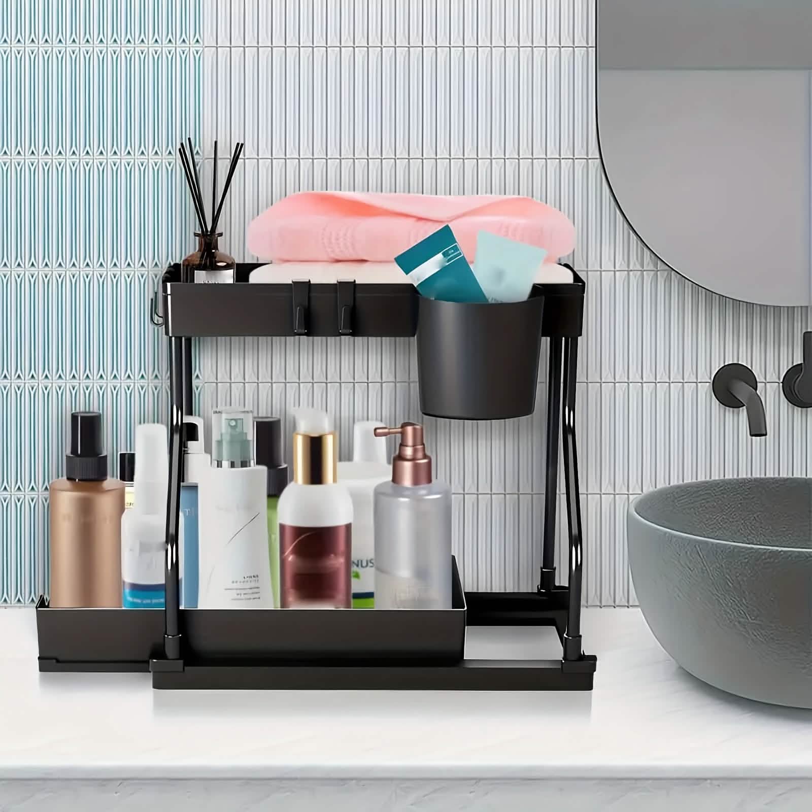 2-Piece Under Sink Organizer with Sliding Shelves – Kitchen & Bathroom Storage Rack