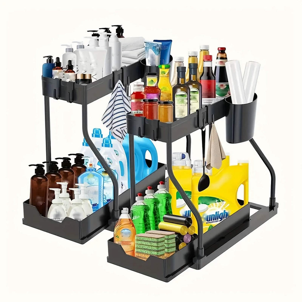 2-Piece Under Sink Organizer with Sliding Shelves – Kitchen & Bathroom Storage Rack