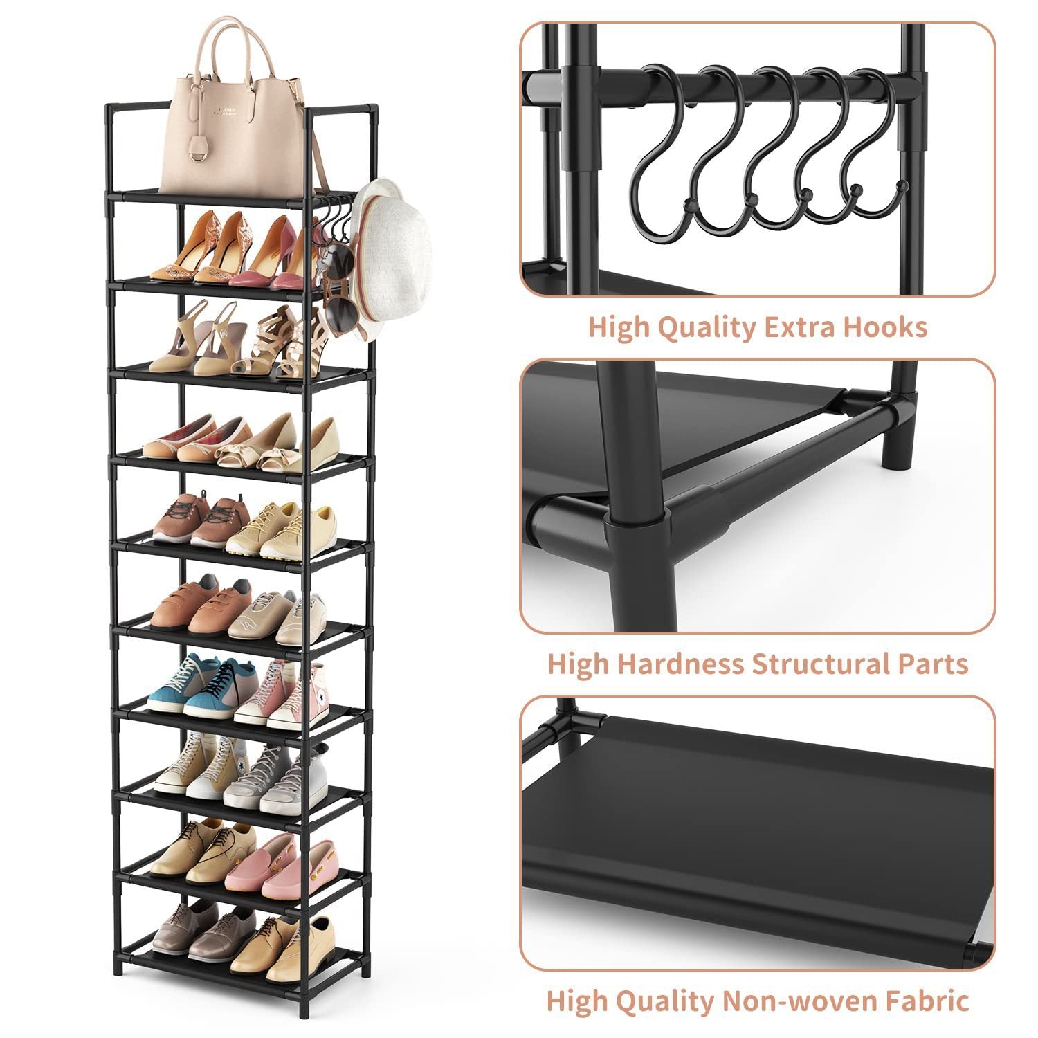 Modern Black Metal Shoe Rack with Hook – 46×28×175cm